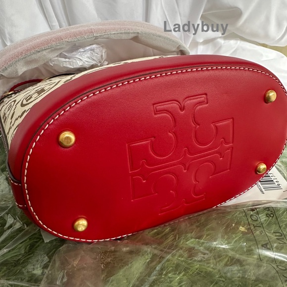 ❇️Tory Burch T Monogram Jacquard Bucket Bag Crossbody Hazelnut Tory Red Gold - Picture 8 of 8